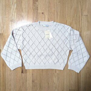MANGO Cotton Cropped Openwork Sweater in Light Grey Size M (NEW WITH TAGS)